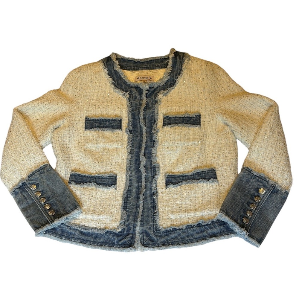 Nanette Lepore Soft White Tweed Jacket Blue Denim Accents Women's Med EUC